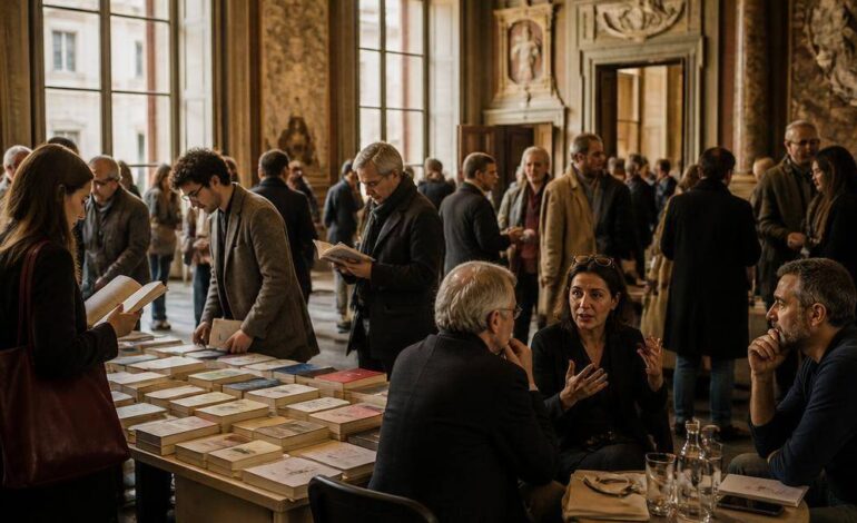 Visitatori e appassionati di lettura partecipano a un festival letterario in uno spazio culturale milanese.