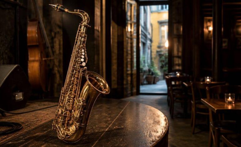 Musicisti jazz si esibiscono davanti al pubblico in uno spazio culturale milanese.