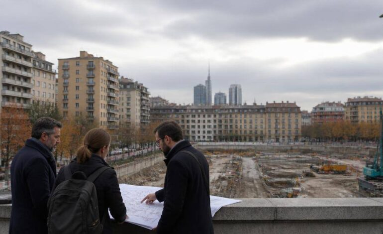 Area urbana milanese interessata da progetti di riqualificazione, con edifici e tecnici al lavoro.