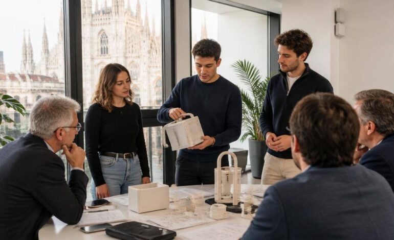 Giovani ricercatori presentano un prototipo a un gruppo di valutatori in uno spazio universitario.